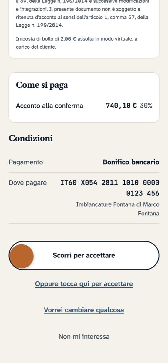 Il cliente accetta scorrendo la bolla
